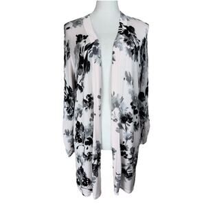 Chicos Lightweight Cardigan Open Front Size 2 Large Pink Black Floral Spring